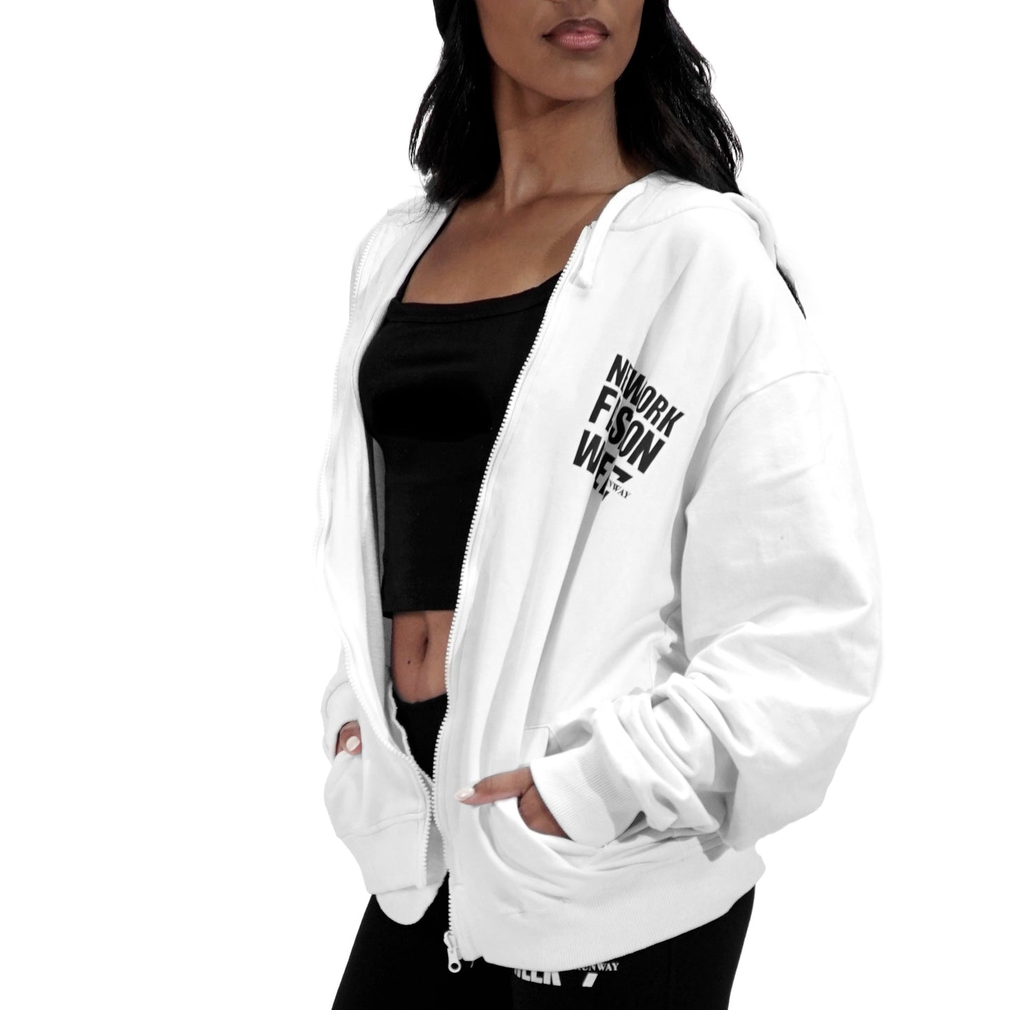 NYFW WHITE ZIP UP HODDIE