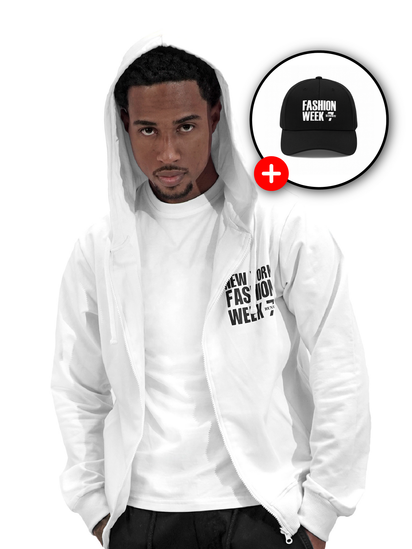 NYFW WHITE ZIP UP HODDIE + FASHION WEEK BLACK CAP