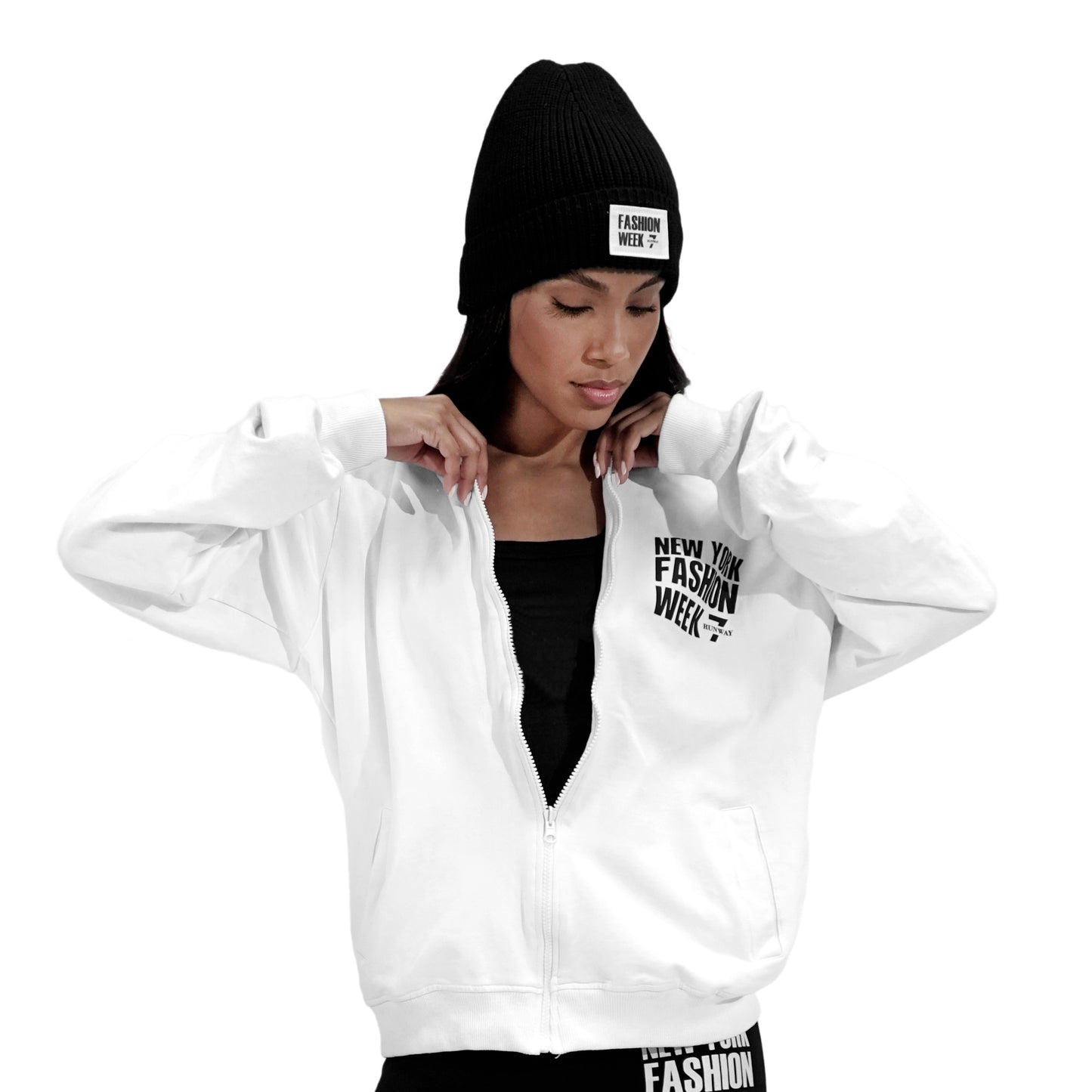 NYFW WHITE ZIP UP HODDIE