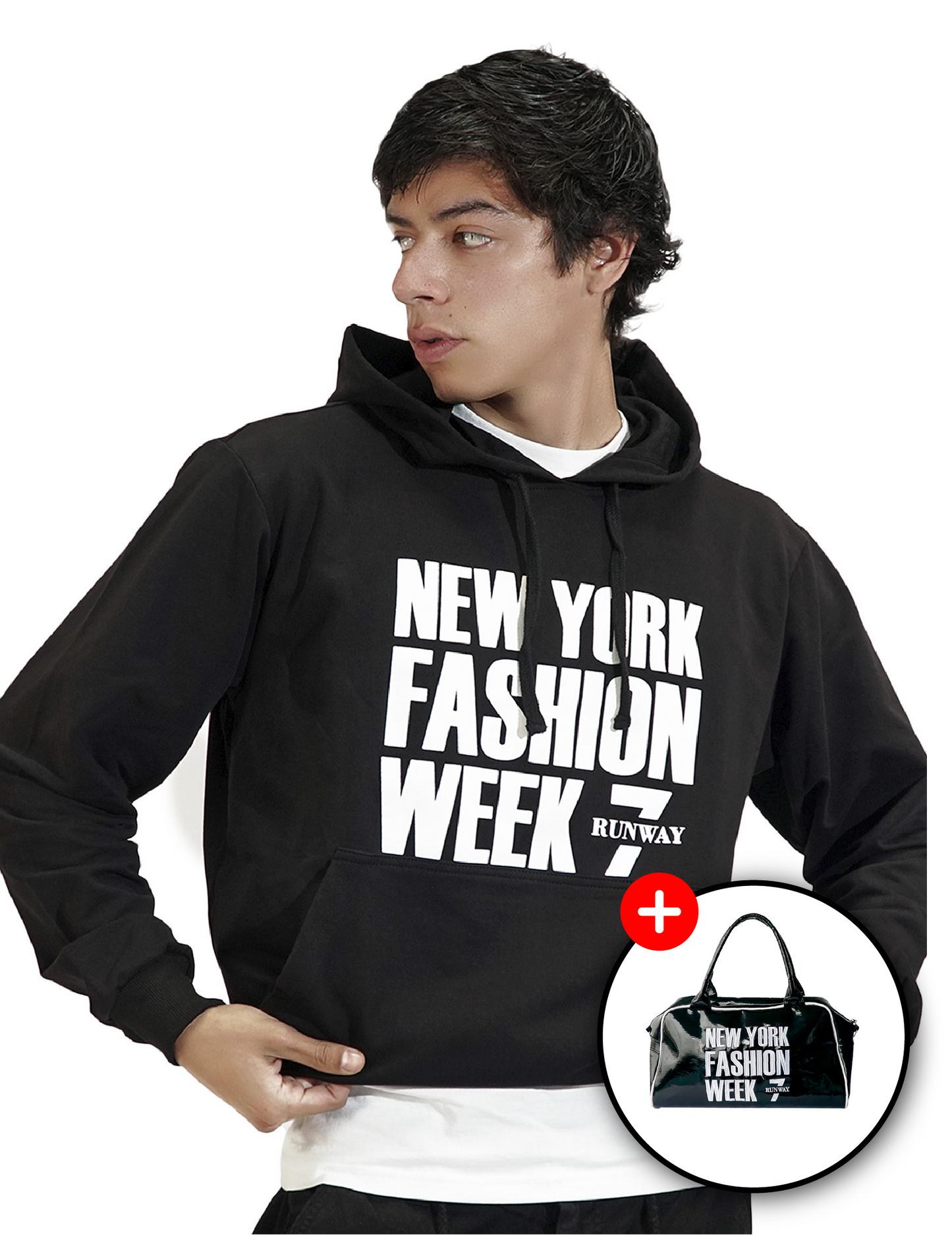 NYFW BLACK PULL OVER HODDIE + NYFW CARRY ON BAG
