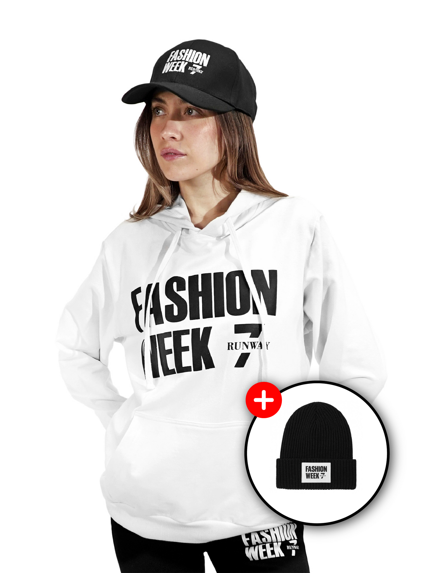 FASHION WEEK WHITE PULL OVER HODDIE + FASHION WEEK BLACK BEANIE